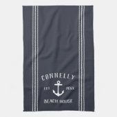 Navy Blue Rustic Anchor Personalized Beach House Theedoek (Verticaal)