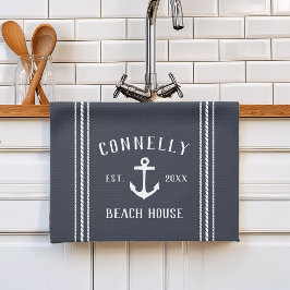 Navy Blue Rustic Anchor Personalized Beach House Theedoek