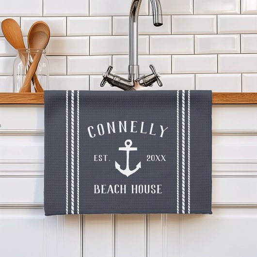 Navy Blue Rustic Anchor Personalized Beach House Theedoek