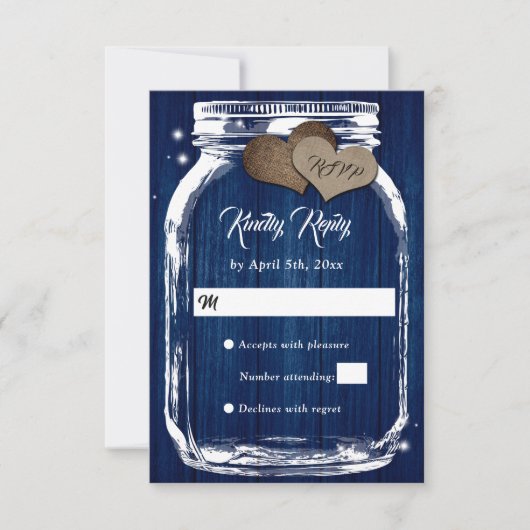 Navy Blue Rustic Barn Wood Mason Jar Wedding RSVP (Voorkant)