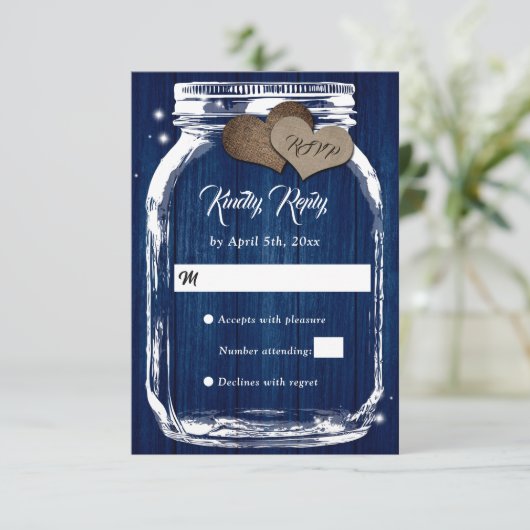 Navy Blue Rustic Barn Wood Mason Jar Wedding RSVP (Staand voorkant)