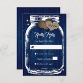Navy Blue Rustic Barn Wood Mason Jar Wedding RSVP (Voorkant / Achterkant)