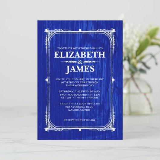 Navy Blue Rustic Barn Wood Wedding Invitations Kaart (Staand voorkant)