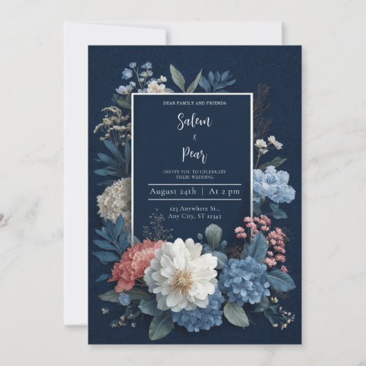 Navy Blue Rustic Bloemen Huwelijksuitnodiging Kaart (Voorkant)