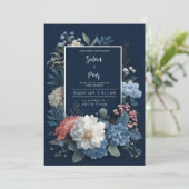 Navy Blue Rustic Bloemen Huwelijksuitnodiging Kaart (Staand voorkant)