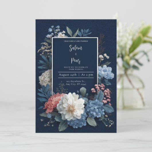 Navy Blue Rustic Bloemen Huwelijksuitnodiging Kaart (Staand voorkant)
