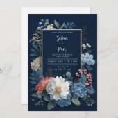 Navy Blue Rustic Bloemen Huwelijksuitnodiging Kaart (Voorkant / Achterkant)