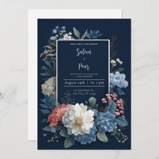 Navy Blue Rustic Bloemen Huwelijksuitnodiging Kaart (Voorkant / Achterkant)