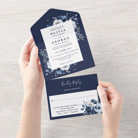 Navy Blue Rustic Boho Elegante Bloemen Huwelijk All In One Uitnodiging (Afscheurbaar)