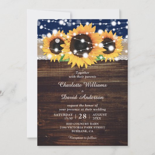 Navy Blue Rustic Burlap en Lace Sunflower Wedding Kaart (Voorkant)