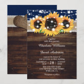 Navy Blue Rustic Burlap en Lace Sunflower Wedding Kaart (Voorkant / Achterkant)