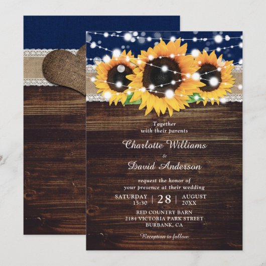 Navy Blue Rustic Burlap en Lace Sunflower Wedding Kaart (Voorkant / Achterkant)