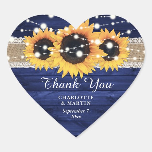 Navy Blue Rustic Burlap Lace Sunflower Wedding Hart Sticker (Voorkant)