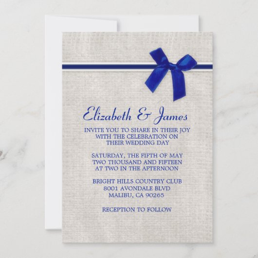 Navy Blue Rustic Burlap Wedding Invitations Kaart (Voorkant)