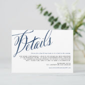 Navy Blue Rustic Calligraphy Trouwgegevens Informatiekaartje (Staand voorkant)