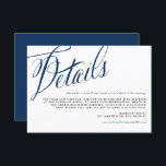 Navy Blue Rustic Calligraphy Trouwgegevens Informatiekaartje<br><div class="desc">Deze aanpasbare marineblauwe trouwkaart heeft een rustiek kalligrafisch ontwerp en voegt een persoonlijk tintje toe aan uw grote dag. Met zijn tijdloze marineblauw en wit kleurenschema, combineert het moeiteloos met elk huwelijksthema, van klassiek tot rustiek. De rustieke kalligrafie voegt een charmant, handgeschreven gevoel toe, terwijl de strakke lay-out ervoor zorgt...</div>