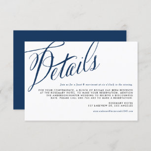Navy Blue Rustic Calligraphy Trouwgegevens Informatiekaartje