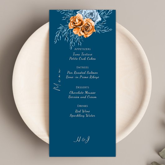 Navy Blue Rustic Chic Indigo Rust Floral Wedding Menu