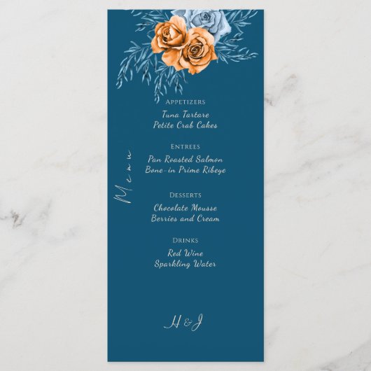 Navy Blue Rustic Chic Indigo Rust Floral Wedding Menu (Voorkant)