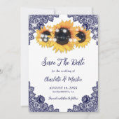 Navy Blue Rustic Chic Lace Sunflower Save The Date (Voorkant)