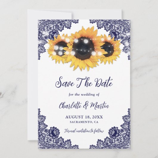Navy Blue Rustic Chic Lace Sunflower Save The Date (Voorkant)