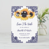 Navy Blue Rustic Chic Lace Sunflower Save The Date (Staand voorkant)