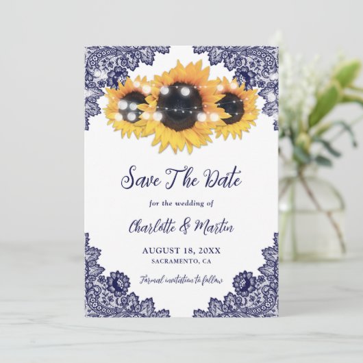 Navy Blue Rustic Chic Lace Sunflower Save The Date