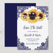 Navy Blue Rustic Chic Lace Sunflower Save The Date (Voorkant / Achterkant)