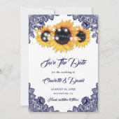 Navy Blue Rustic Chic Lace Sunflower Save The Date (Voorkant)