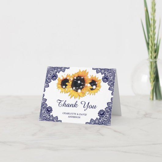 Navy Blue Rustic Chic Lace Sunflower Wedding Bedankkaart (Voorkant)