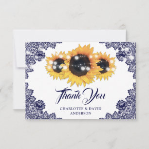 Navy Blue Rustic Chic Lace Sunflower Wedding Bedankkaart