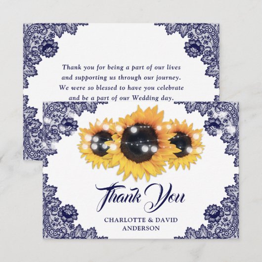 Navy Blue Rustic Chic Lace Sunflower Wedding Bedankkaart (Voorkant / Achterkant)