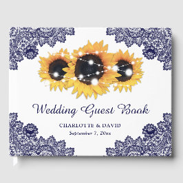Navy Blue Rustic Chic Lace Sunflower Wedding Gastenboek