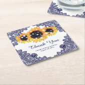 Navy Blue Rustic Chic Lace Sunflower Wedding Kartonnen Onderzetters (Schuin)