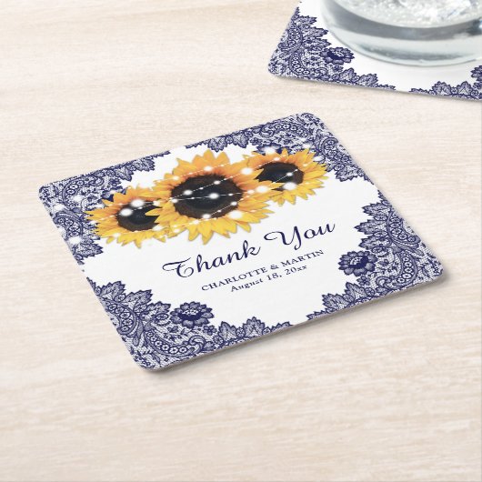 Navy Blue Rustic Chic Lace Sunflower Wedding Kartonnen Onderzetters (Schuin)