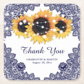 Navy Blue Rustic Chic Lace Sunflower Wedding Kartonnen Onderzetters (Voorkant)