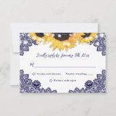 Navy Blue Rustic Chic Lace Sunflower Wedding RSVP Kaartje (Voorkant)