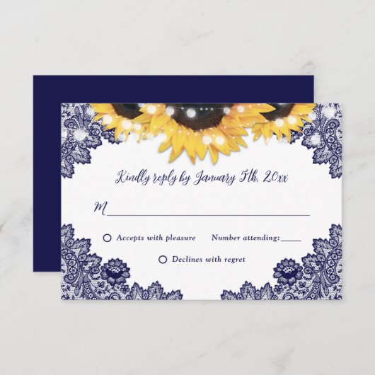Navy Blue Rustic Chic Lace Sunflower Wedding RSVP Kaartje (Voorkant / Achterkant)