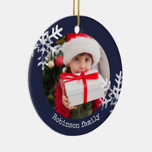 Navy Blue Rustic Circle Photo Ornament Snowflakes (Rechts)
