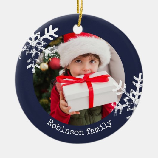 Navy Blue Rustic Circle Photo Ornament Snowflakes (Voorkant)