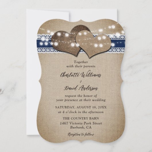 Navy Blue Rustic Country Burlap Lace Wedding Kaart (Voorkant)