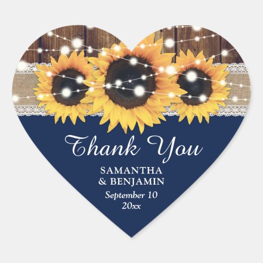 Navy Blue Rustic Country Sunflower Wedding Favor Hart Sticker (Voorkant)