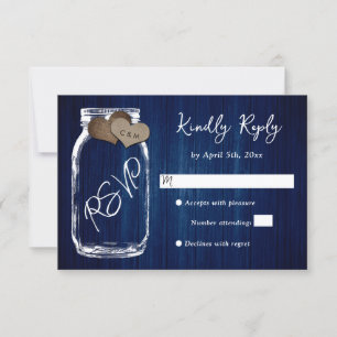 Navy Blue Rustic Country Wood Mason Jar Wedding RSVP Kaartje