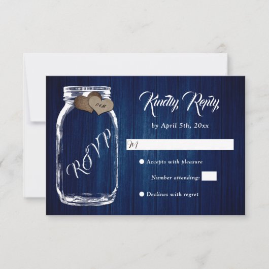 Navy Blue Rustic Country Wood Mason Jar Wedding RSVP Kaartje (Voorkant)