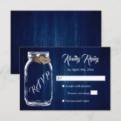 Navy Blue Rustic Country Wood Mason Jar Wedding RSVP Kaartje (Voorkant / Achterkant)
