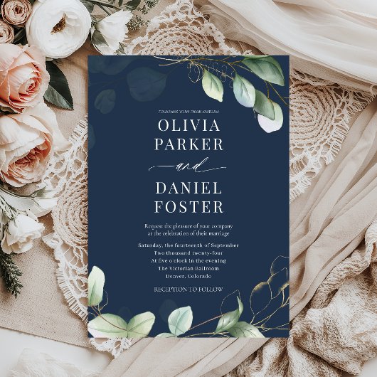 Navy Blue Rustic Eucalyptus Greenery Wedding Kaart