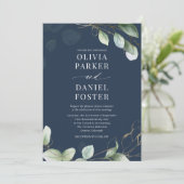 Navy Blue Rustic Eucalyptus Greenery Wedding Kaart (Staand voorkant)