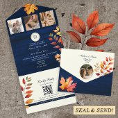 Navy Blue Rustic Fall Wedding All In One Uitnodiging