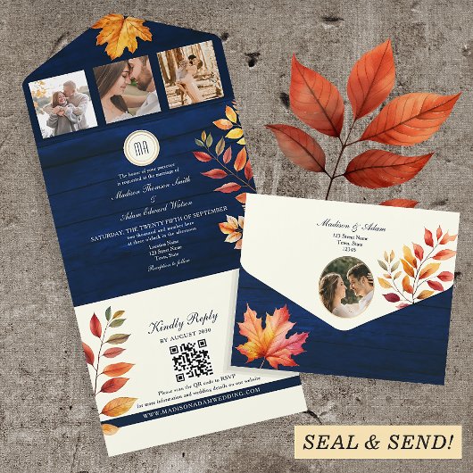 Navy Blue Rustic Fall Wedding All In One Uitnodiging