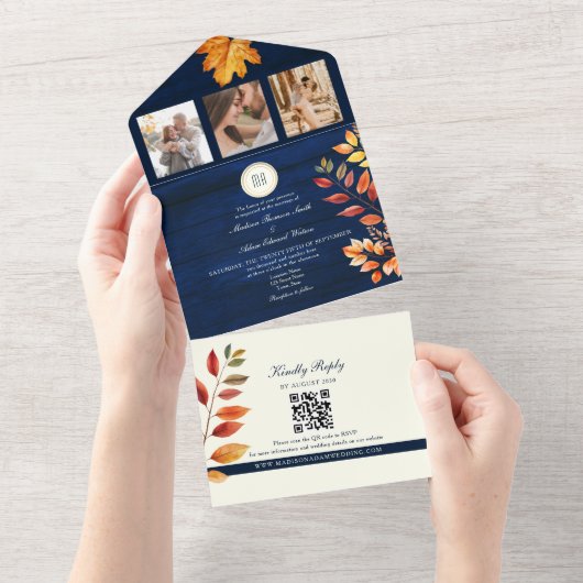 Navy Blue Rustic Fall Wedding All In One Uitnodiging (Afscheurbaar)